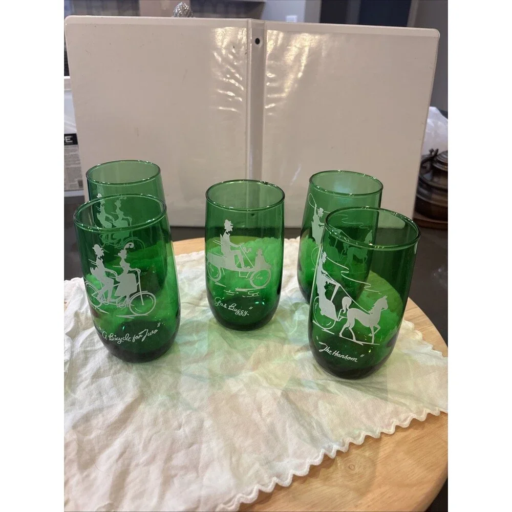 Vintage Anchor Hocking Emerald Green Roly-Poly Glasses Set Of Five Multi Themed